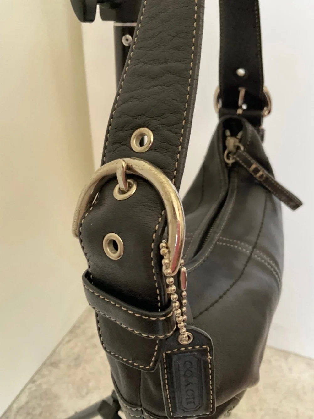 Coach Black Leather Curved Hobo Bag with Silver Hardware